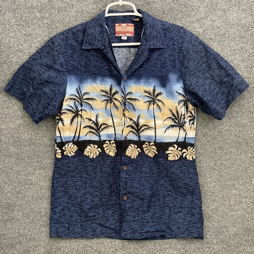 Vtg RJC Hawaiian Shirt Men's Sz M Blue Button Up Palm Tree Tropical Short Sleeve